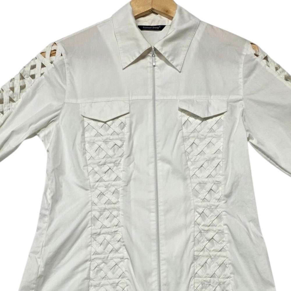Samuel Dong Lattice Zip Front Shirt Womens Small White Cotton Blend Stretch